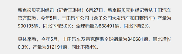 丰田5月全球销量增至84万辆 但中国日本两地销量大跌